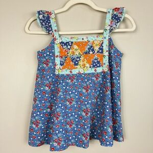 Ralph Lauren Girls Floral Print Patchwork Cotton Top Blue Preppy Shirt Pink